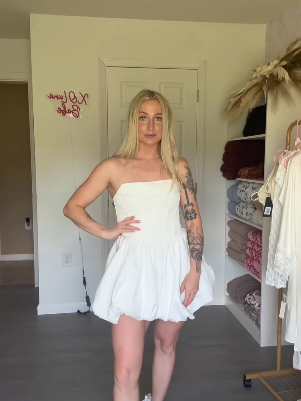 Strapless White Bubble Hem Mini Dress